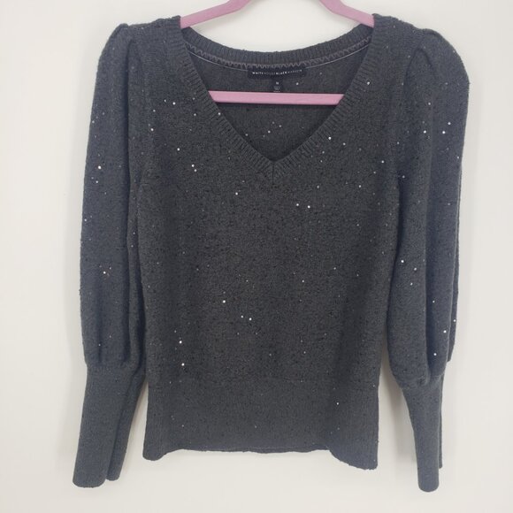 White House Black Market Sequin Embellished Puff Sleeve Sweater M V Neck  Gray - Picture 1 of 7
